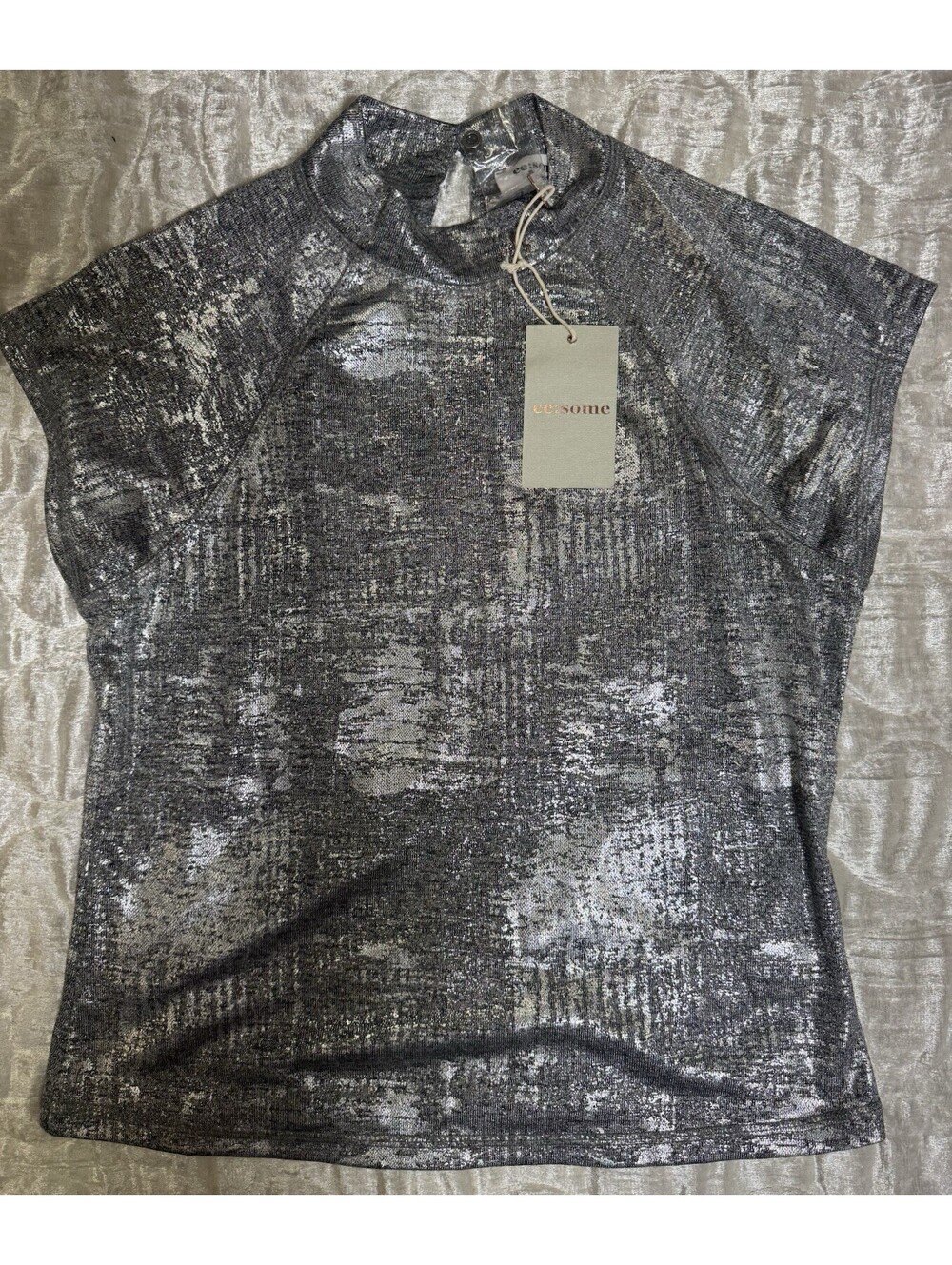 ee:some Women’s L Silver/Black Metallic Abstract Mock Neck Cap Sleeve Knit Top - Picture 2 of 5
